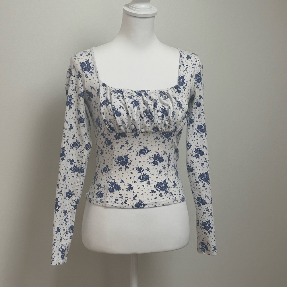 French Toile Blue Knit Squareneck Top